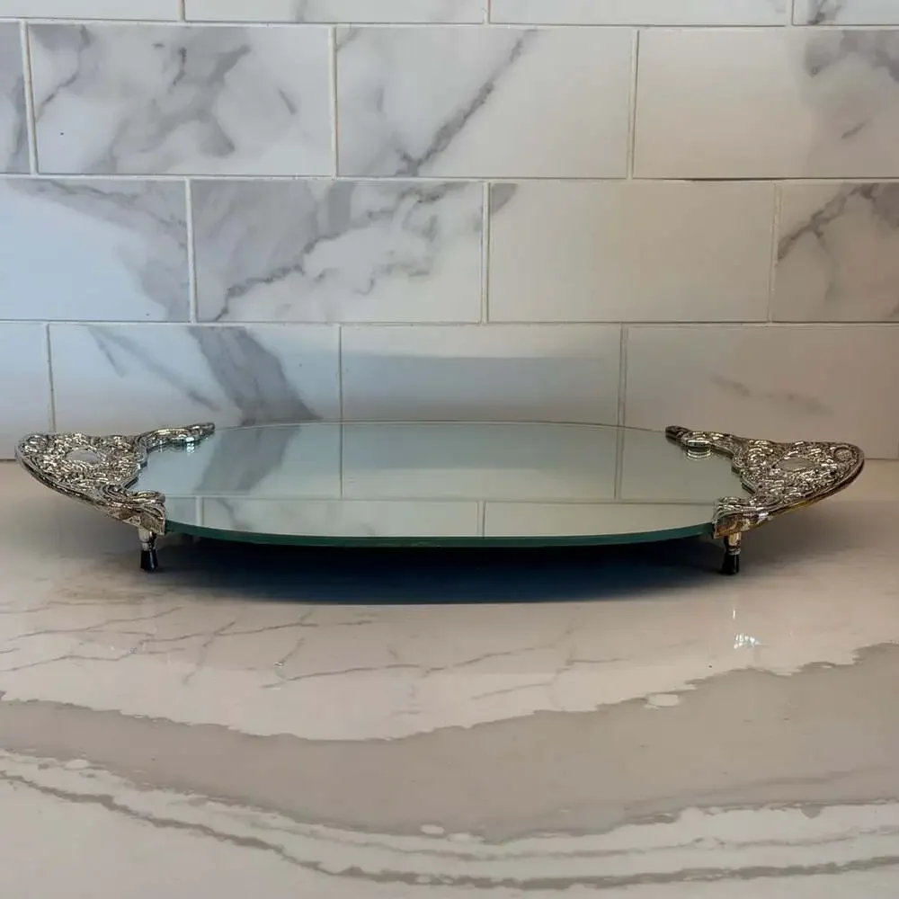 Godinger Silver Oval Vanity Mirror Tray Ornate Scroll Metal Handles & Feet